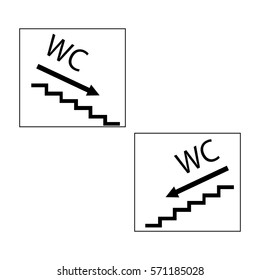 WC icon and arrow right and left in black square on white background. Sign restroom women and men. Symbol public washroom and bathroom. Template for poster,sign. Flat vector image. Vector illustration