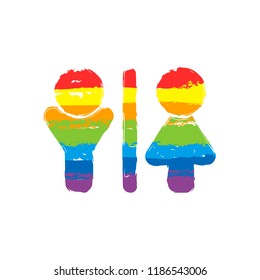 WC icon. Man and woman sign. Drawing sign with LGBT style, seven colors of rainbow (red, orange, yellow, green, blue, indigo, violet