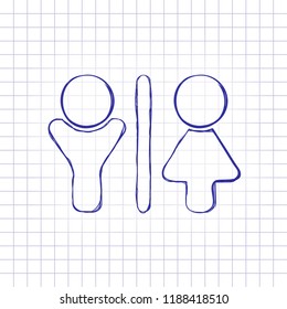 WC icon. Man and woman sign. Hand drawn picture on paper sheet. Blue ink, outline sketch style. Doodle on checkered background