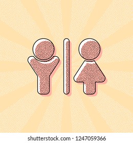 WC icon. Man and woman sign. Vintage retro typography with offset printing effect. Dots poster with comics pop art background