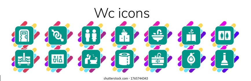 conjunto de iconos de wc. 14 iconos de wc rellenos.  Iconos modernos sencillos como: Retrete público, Cajera de coser, Género, Wc, Baño, Cubierta, Lavabo, Papel para el inodoro, Baño, Urinal, Plunger