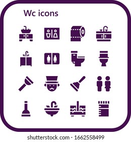 wc icon set. 16 filled wc icons. Included Sink, Wc, Toilet paper, Bathroom, Toilet, Plunger, Gentleman, Sewing box, Urine icons