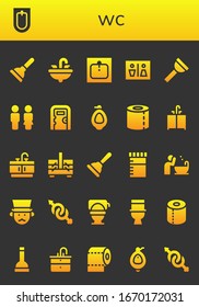 wc icon set. 26 filled wc icons.  Simple modern icons such as: Plunger, Bidet, Sink, Wc, Toilet, Public toilet, Urinal, Toilet paper, Bathroom, Sewing box, Urine, Basin, Gentleman