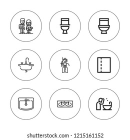 Wc icon set. collection of 9 outline wc icons with basin, bathroom, children, cowgirl, toilet paper, toilet icons. editable icons.