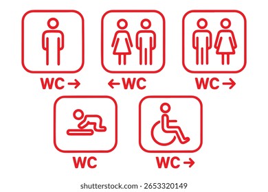 ícone WC definido. Banheiro, banheiro, homem e mulher, deficiente, lixeira, papel higiênico, bebê - vetor de estoque.