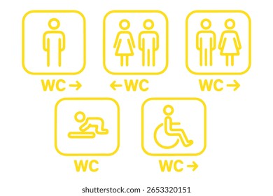 ícone WC definido. Banheiro, banheiro, homem e mulher, deficiente, lixeira, papel higiênico, bebê - vetor de estoque.