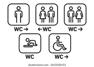 ícone WC definido. Banheiro, banheiro, homem e mulher, deficiente, lixeira, papel higiênico, bebê - vetor de estoque.