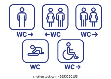 ícone WC definido. Banheiro, banheiro, homem e mulher, deficiente, lixeira, papel higiênico, bebê - vetor de estoque.