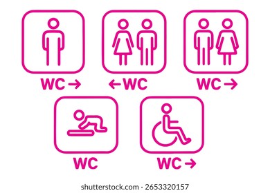 ícone WC definido. Banheiro, banheiro, homem e mulher, deficiente, lixeira, papel higiênico, bebê - vetor de estoque.