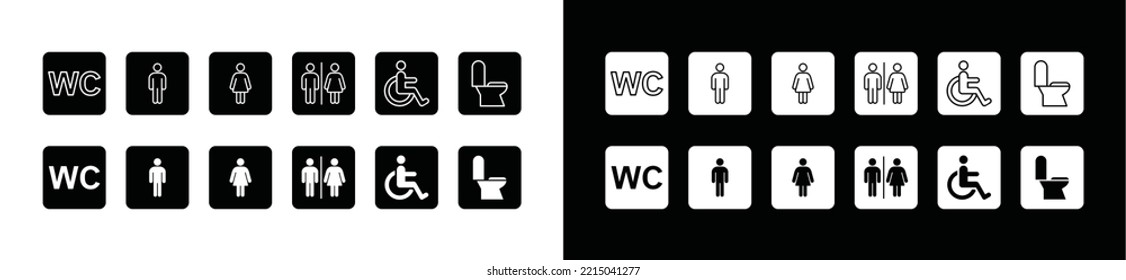 Juego de vectores de icono de WC. Silueta de señalización de inodoro. Señal de inodoro masculino o femenino