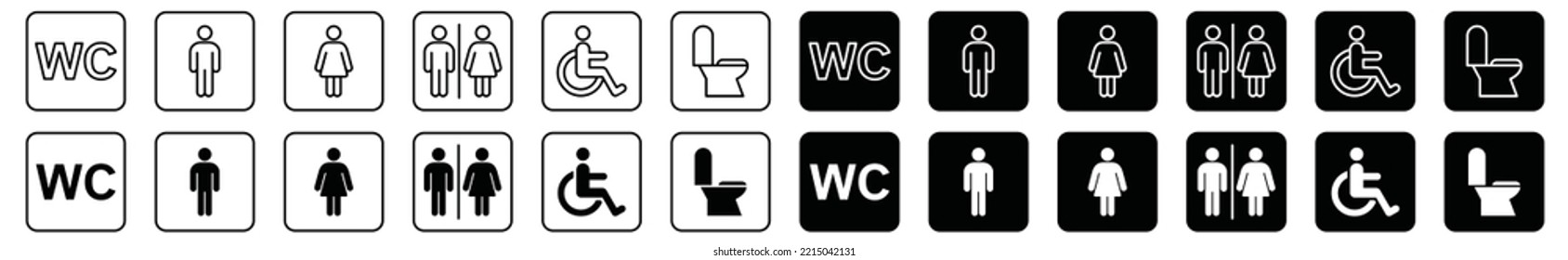 Juego de vectores de icono de WC. Silueta de señalización de inodoro. Señal de inodoro masculino o femenino