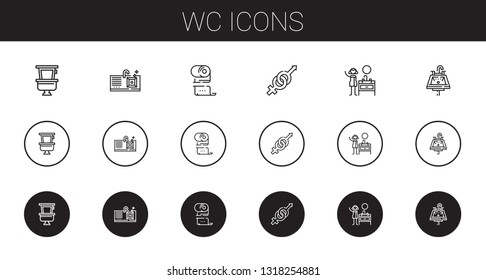 wc icons set. Collection of wc with toilet, sink, toilet paper, gender. Editable and scalable wc icons.