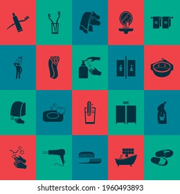 Wc icons set with combs, jacuzzi, bathroom flip flops and other shaver elements. Isolated vector illustration wc icons.