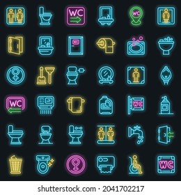 Wc icons set. Outline set of wc vector icons neon color on black