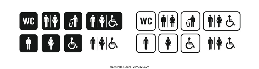 WC icons set. Toilet icon set. Toilet sign. Man, woman, mother with baby and handicapped silhouettes collection. Male and female restroom.