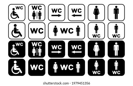 WC icons set. Toilet sign. Man, woman, collection of disabled people silhouettes. Toilet for men and women. Public restroom sign. Vector icons EPS 10