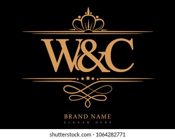 W&C Initial logo, Ampersand initial logo gold with crown and classic pattern