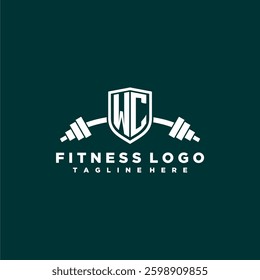 WC initial monogram for fitnes or gym logo with creative shield and barbell design