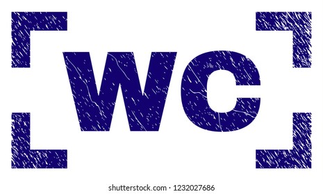 WC label seal imprint with grunge texture. Text label is placed inside corners. Blue vector rubber print of WC with dirty texture.