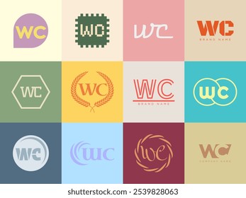 WC logo company template. Letter w and c logotype. Set different classic serif lettering and modern bold text with design elements. Initial font typography. Collection trendy business identity.