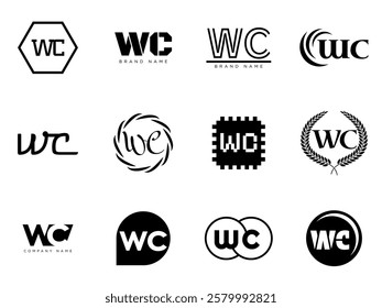 WC logo company template. Letter w and c logotype. Set different classic serif lettering and modern bold text with design elements. Initial font typography. Collection trendy business identity.