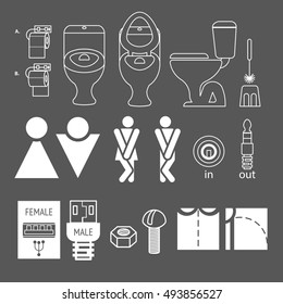 WC logo. Illustrations denoting male or female toilet. Various funny options. Closets and WC accessories. Stylized figures of men and women.