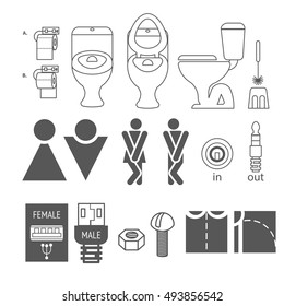 WC logo. Illustrations denoting male or female toilet. Various funny options. Closets and WC accessories. Stylized figures of men and women.