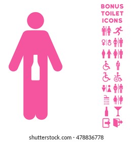 WC Man icon and bonus male and woman WC symbols. Vector illustration style is flat iconic symbols, pink color, white background.