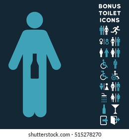 WC Man icon and bonus male and lady WC symbols. Vector illustration style is flat iconic bicolor symbols, blue and white colors, dark blue background.