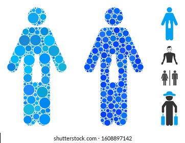 WC man mosaic of filled circles in variable sizes and color hues, based on WC man icon. Vector filled circles are composed into blue mosaic. Dotted WC man icon in usual and blue versions.