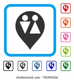 WC Map Marker icon. Flat gray iconic symbol inside a light blue rounded squared frame. Black, gray, green, blue, red, orange color additional versions of WC Map Marker vector.
