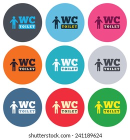 WC men toilet sign icon. Restroom or lavatory symbol. Colored round buttons. Flat design circle icons set. Vector
