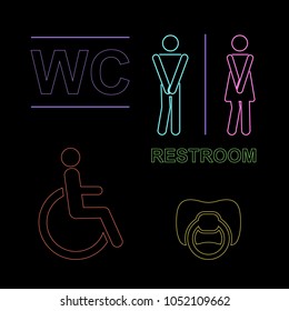 Wc neon set with male,fimale,baby nipple,disabled over black.Domestic room