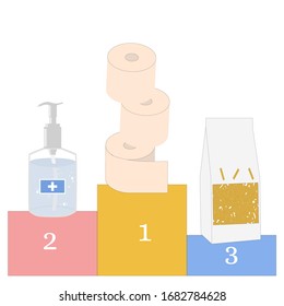 Wc paper roll, package of pasta and sanitizer disinfection gel on the awards podium. Vector isolated painting art