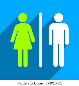 WC People long shadow vector icon. Style is a flat wc people iconic symbol on a blue square background.