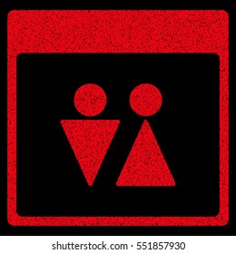 WC Persons Calendar Page grainy textured icon for overlay watermark stamps. Flat symbol with dirty texture. Dotted vector red ink rubber seal stamp with grunge design on a black background.