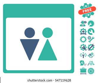 WC Persons Calendar Page icon with bonus configuration symbols. Vector illustration style is flat iconic symbols, cobalt and cyan, white background.