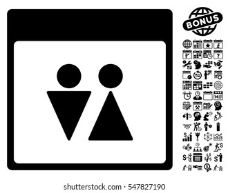 WC Persons Calendar Page icon with bonus calendar and time management graphic icons. Vector illustration style is flat iconic symbols, black, white background.