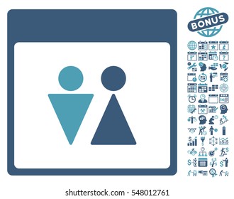 WC Persons Calendar Page icon with bonus calendar and time management pictures. Vector illustration style is flat iconic symbols, cyan and blue, white background.