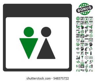 WC Persons Calendar Page icon with bonus calendar and time management images. Vector illustration style is flat iconic symbols, green and gray, white background.