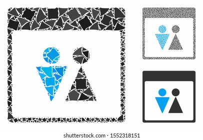 WC persons calendar page mosaic of unequal pieces in different sizes and shades, based on WC persons calendar page icon. Vector unequal dots are organized into collage.