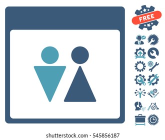 WC Persons Calendar Page pictograph with bonus setup tools icon set. Vector illustration style is flat iconic symbols, cyan and blue, white background.