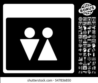 WC Persons Calendar Page pictograph with bonus calendar and time management images. Vector illustration style is flat iconic symbols, white, black background.