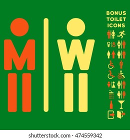 WC Persons icon and bonus man and female WC symbols. Vector illustration style is flat iconic bicolor symbols, orange and yellow colors, green background.