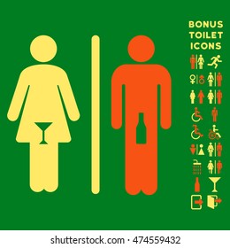 WC Persons icon and bonus man and female restroom symbols. Vector illustration style is flat iconic bicolor symbols, orange and yellow colors, green background.