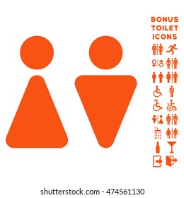 WC Persons icon and bonus man and lady restroom symbols. Vector illustration style is flat iconic symbols, orange color, white background.