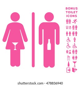 WC Persons icon and bonus man and female WC symbols. Vector illustration style is flat iconic symbols, pink color, white background.