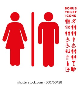 WC Persons icon and bonus man and woman restroom symbols. Vector illustration style is flat iconic symbols, red color, white background.