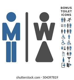 WC Persons icon and bonus man and female lavatory symbols. Vector illustration style is flat iconic bicolor symbols, cobalt and gray colors, white background.