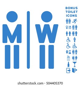 WC Persons icon and bonus man and lady restroom symbols. Vector illustration style is flat iconic symbols, cobalt color, white background.